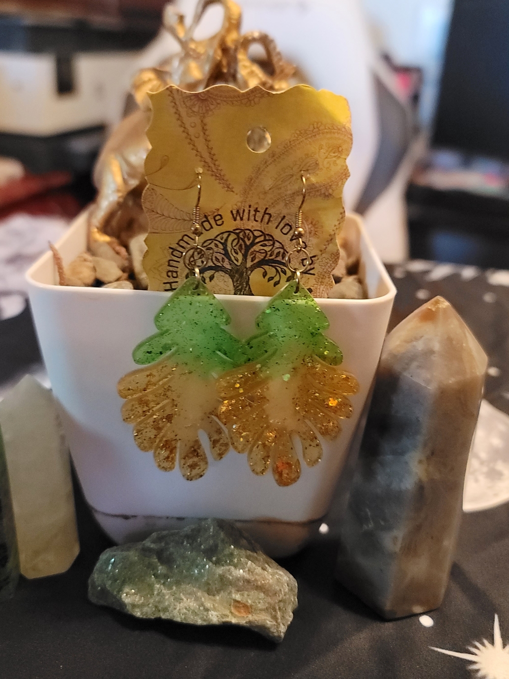 🔥3 For $20 Handmade Green and Gold Leaf Resin Earrings
